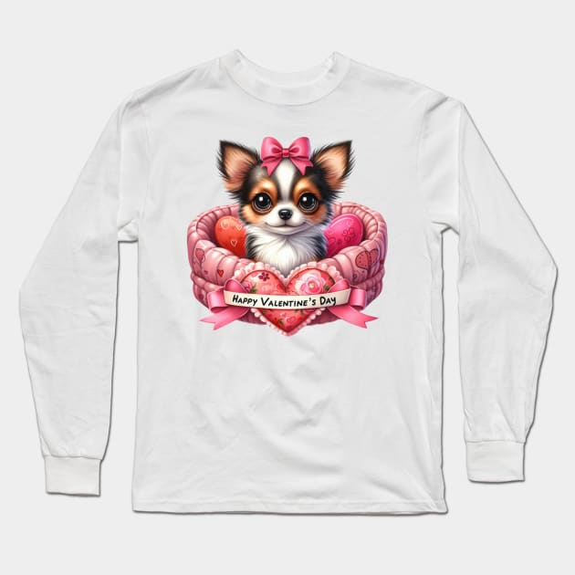 Valentine Chihuahua Dog in Bed Long Sleeve T-Shirt by Chromatic Fusion Studio